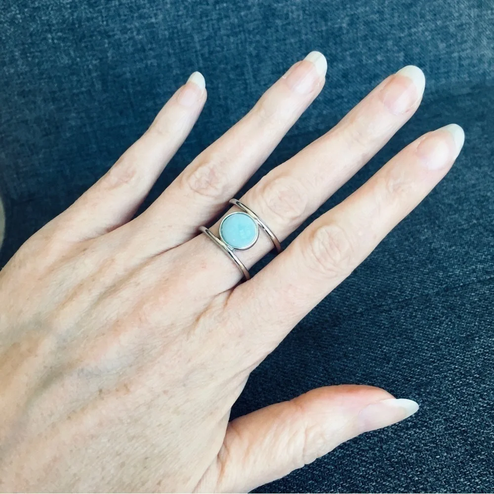 Bohemian Blue Stone Silver Fashion Ring, Size 9